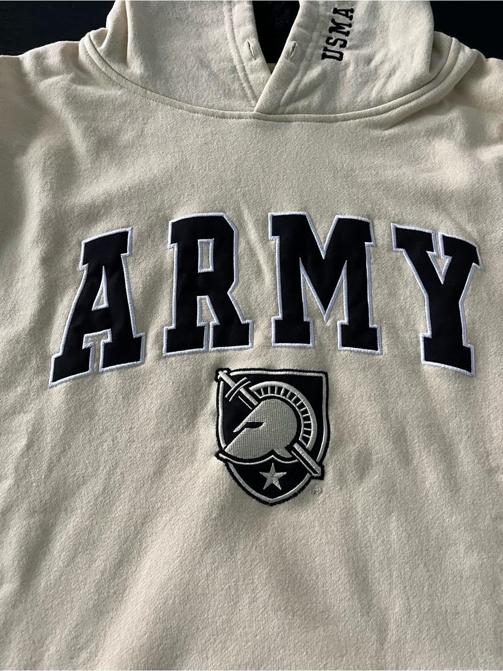 Men’s ARMY Hooded Pullover Sweatshirt - Cream with Navy Appliqué
